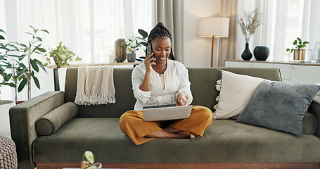 Image showing Black woman on sofa, phone call and laptop for remote work, social media or blog post research with smile in home. Happy girl on sofa with computer, cellphone and online chat in house for networking