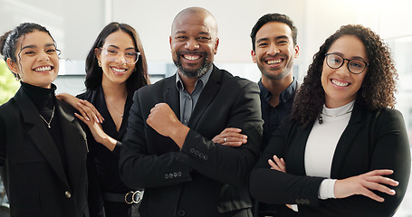 Image showing Business people, arms crossed and diversity, face and teamwork with financial advisor group in the workplace. Professional, collaboration and trust, confidence in portrait and accounting partners