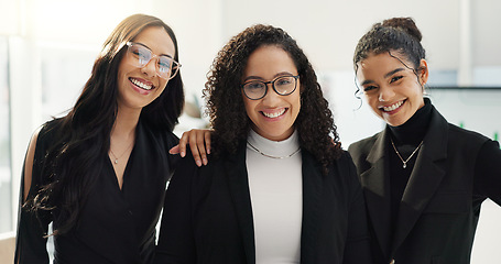 Image showing Women, happiness and face of professional people smile for corporate collaboration, business support or staff empowerment. Colleagues, group career portrait or female team pride, trust and solidarity