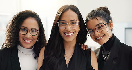 Image showing Company, face and happy business women confident in corporate agency, office teamwork or workforce solidarity. Startup entrepreneurship, team portrait or professional workforce pride, trust and unity