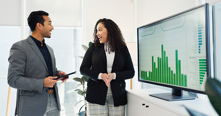 Image showing Business people, teamwork and computer screen for data analysis and finance growth, revenue proposal or sales report. Analyst, manager and clients presentation of graphs and statistics on a monitor