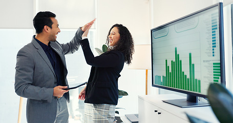 Image showing Business people, high five and financial teamwork, success and celebration of data analytics, target or goals. Happy woman and man support, winning and good job for statistics on computer screen