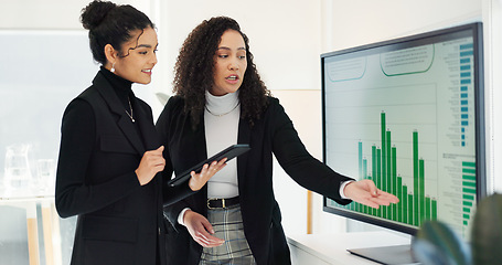 Image showing Business women, teamwork and computer screen for data analysis, digital marketing research and social media report. Professional analyst, manager and clients with graphs, statistics and tablet review