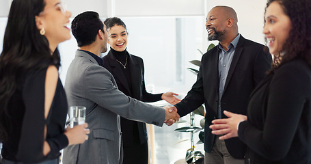 Image showing Business people, handshake and meeting for b2b, partnership or introduction together at office. Businessman shaking hands with employee for teamwork, collaboration or agreement in deal at workplace