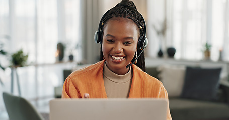 Image showing Black woman, webinar in home office with laptop and video call, remote work and crm in apartment. Virtual assistant at desk with computer, headset and conversation for advice, online chat and support