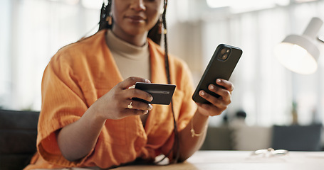 Image showing Woman, credit card and hands with phone for online shopping, payment or fintech savings at home. Closeup, mobile banking and finance for sales, password and code for ecommerce to upgrade subscription