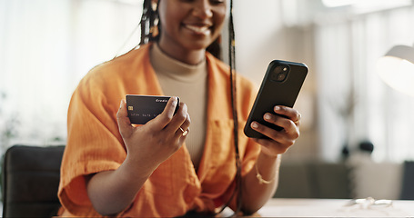 Image showing Woman, credit card and hands with phone for online shopping, payment or fintech savings at home. Closeup, mobile banking and finance for sales, password and code for ecommerce to upgrade subscription