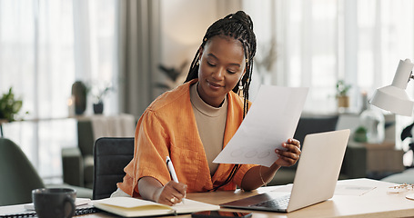 Image showing Black woman in home office, documents and laptop for research in remote work, ideas and thinking. Happy girl at desk with computer, writing notes and online search in house for freelance networking.