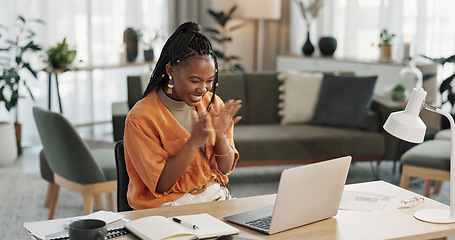 Image showing Black woman, success in home office and celebration at laptop for remote work, social media or excited blog. Happy girl at desk with computer for winning email, achievement and good news in freelance