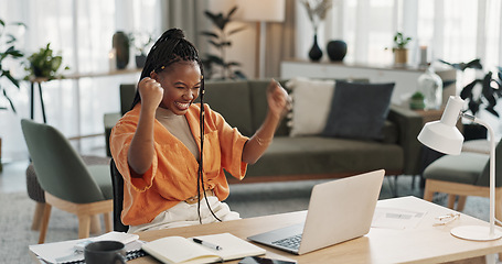 Image showing Black woman, achievement in home office and celebration at laptop for remote work, social media or excited blog. Happy girl at desk with computer for winning email, good news and success in freelance