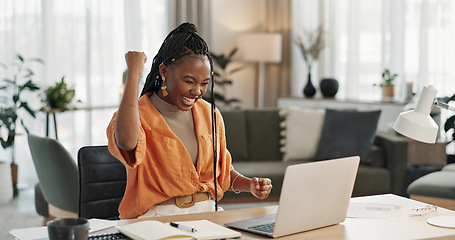 Image showing Black woman, achievement in home office and celebration at laptop for remote work, social media or excited blog. Happy girl at desk with computer for winning email, good news and success in freelance