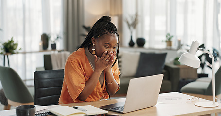 Image showing Black woman, surprise in home office and celebration at laptop for remote work, social media or excited blog. Happy girl at desk with computer for winning email, achievement and success in freelance