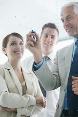 Image showing Glass wall, writing and business people with planning, meeting and brainstorming with financial growth. Staff, group and manager with employees or teaching with charts or graphs with ideas or support