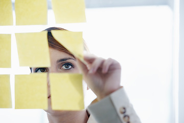 Image showing Employee, sticky notes and glass wall for logistics, thinking and vision for planning and ideas. Businesswoman, brainstorming and mockup for meeting, goals and teamwork for project management