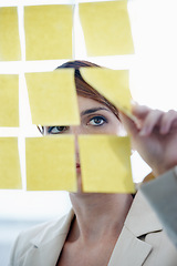 Image showing Businesswoman, sticky notes and glass wall for ideas, planning and vision for logistics and schedule. Employee, brainstorming and management for meeting, goal and seo with decisions for marketing