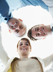 Image showing Business people, smile and huddle for happy success, collaboration or team building in portrait. Professional, colleagues and face in circle for support, motivation and solidarity from low angle