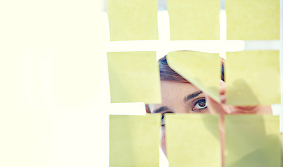 Image showing Employee, sticky notes and glass wall for planning, thinking and vision for logistics and ideas. Businesswoman, brainstorming and mockup for meeting, goals and teamwork for project management