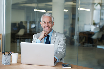 Image showing CEO, businessman and laptop for portrait, tax and finance status of the company. Man, consult and plan for budget, payroll and human resources at desk in office for meeting, smile and organization