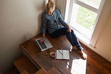 Image showing Woman, check laptop for education and elearning, online course for university, studying or research for project with top view. Virtual, college student learning at home for academic development