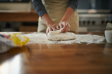 Image showing Hands, dough and flour on kitchen counter at bakery, bread or pizza with meal prep, catering and cooking. Culinary, chef or baker person with pastry preparation, ingredients and food for nutrition