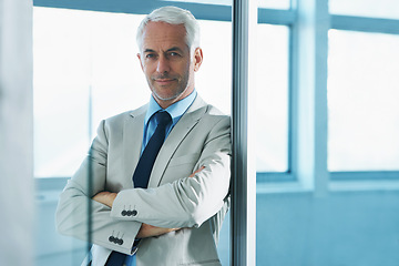 Image showing Mature, businessman and portrait with confidence in company office as law attorney for client trust, entrepreneur or professional. Male person, face and ceo for corporate startup, pride or career