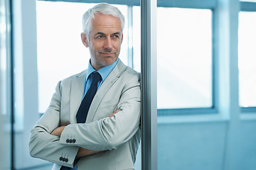 Image showing Businessman, mature and thinking in corporate office for consulting firm growth, achievement or target. Male person, professional and thought with confidence for company future, idea or brainstorming