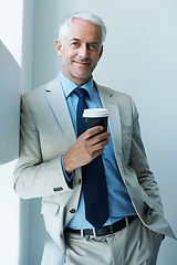 Image showing CEO, portrait and business man with coffee in office, smile and professional consultant in suit. Happy, manager and senior entrepreneur with drink, latte or espresso for boss of company in Australia