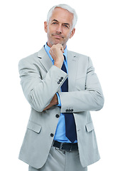 Image showing Studio, portrait or mature businessman with thinking in fashion suit or professional worker by white background. Senior person, face and idea in accounting career with planning and problem solving