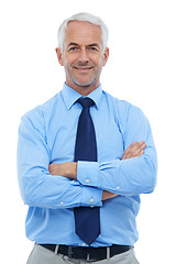 Image showing Studio, portrait or senior businessman with arms crossed for confident in job and professional worker in mockup. Mature person, face or pride in accounting career or fashion suit by white background