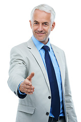 Image showing Senior businessman, portrait and handshake offer for introduction, meeting and hiring on white background. Male person, hr manager and hello in interview, recruitment and onboarding or pov in studio