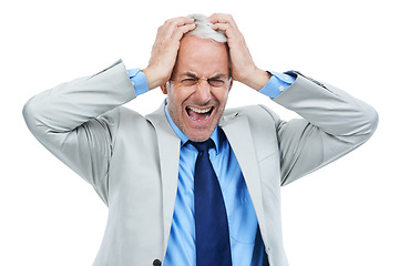 Image showing Stress, shouting and senior business man in studio with anxiety, fear or mistake on white background. Screaming, anger and elderly male entrepreneur with mental health crisis, disaster or frustrated