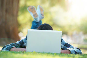 Image showing Laptop, lawn or woman in park for elearning with knowledge, information or education. Nature, university learner or female student on grass for studying history or typing online on college campus