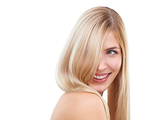 Image showing Straight hair, beauty and smile of woman in makeup isolated on a white studio background. Face, hairstyle and blonde model in cosmetics, thinking or salon treatment at hairdresser for care on mockup