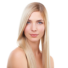 Image showing Straight hair, beauty and portrait of woman in makeup isolated on a white studio background. Face, hairstyle and young blonde model in cosmetics, skincare or salon treatment at hairdresser for shine