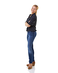 Image showing Business woman, portrait and studio with smile, fashion and jean for meeting or interview. Professional female, formal and happy for startup, company and promotion while standing by white background