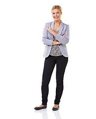 Image showing Portrait, smile and confident business woman in studio isolated on white background for professional career. Job satisfaction, body language and suit with happy young employee in corporate fashion