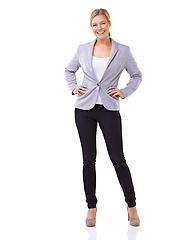 Image showing Entrepreneur woman, white background and confidence with smile, formal and blazer. Professional female, studio, business and happy for corporate, company and elegant while standing portrait