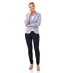 Image showing Portrait, smile and confident business woman in studio isolated on white background for positive mindset. Work, job and fashion for corporate career with happy young employee in professional suit