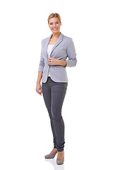 Image showing Fashion, smile and portrait of woman in studio with elegant, business or fancy outfit with blazer. Happy, confidence and full body of female person with corporate style isolated by white background.