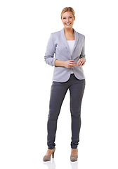 Image showing Fashion, happy and portrait of woman in studio with elegant, business or fancy outfit with blazer. Smile, confidence and full body of female person with corporate style isolated by white background.