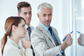 Image showing Glass wall, writing and business people with teamwork, cooperation and brainstorming with financial growth. Thinking, group and manager with employees or teaching with collaboration and partnership