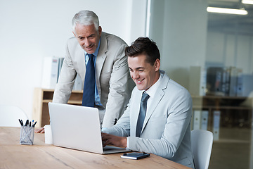 Image showing CEO, businessman and partner with laptop, plan and work for expanding in office and accounts. Manager, employer and accountant at desk, company and meeting for management and staff administration