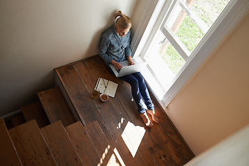 Image showing Woman, typing on laptop for online education and elearning, course for university, studying or research for project with top view. Virtual, college student learning at home and academic development