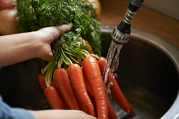 Image showing Carrot, water and cleaning vegetables with hands in kitchen, hygiene and health with chef cooking food. Nutrition, person with vegan or vegetarian meal, wash produce at sink for catering and dinner