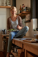 Image showing Woman, kitchen and salad with smile, portrait and home for nutrition, vegetables and diet. Designer, house and lunch for health, wellness and relaxation and break for wellbeing, rest and happiness