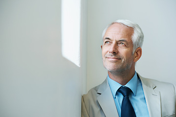 Image showing Businessman, mature and thinking in corporate office for achievement for consulting, firm growth or target. Male person, professional and thought with confidence for company, future or brainstorming