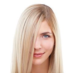 Image showing Straight hair, beauty and portrait of happy woman in makeup isolated on a white studio background. Face, hairstyle and smile of blonde model in cosmetics, hairdresser and salon treatment for care