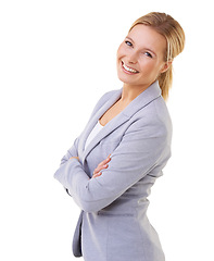 Image showing Smile, crossed arms and portrait of woman in studio with positive, good and confident attitude. Happy, pride and young female person with business fashion or style isolated by white background.