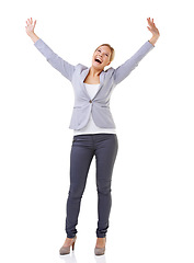 Image showing Wow, winner and success with business woman in studio isolated on white background for celebration. Energy, motivation and goals with happy young person cheering for target, achievement or victory