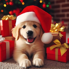 Image showing very cute little puppy wearing a santa hat